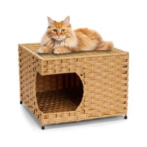 Wicker Cat Bed with Double-Sided Cushion